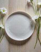 AI generated White ceramic plate mockup, blank template of dish on table photo