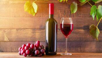 AI generated Vine bottle mockup, glass of wine on wooden background, template photo