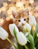 ai generado mullido bonito gatito y flores, mascota y floral tarjeta, felicidades tarjeta foto