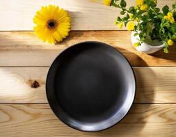 AI generated Black ceramic plate mockup, blanck clean dish on wooden table, mock up photo