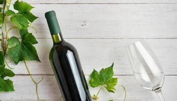 AI generated Vine bottle mockup, glass of wine on wooden background, template photo