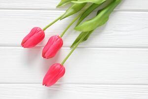 Red tulips on white wooden background, women day, mothers day, valentine, wedding, birthday, freeting card photo