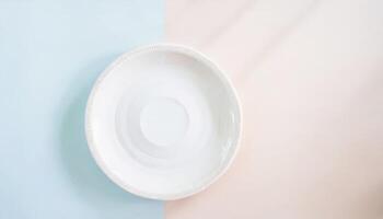 AI generated White ceramic plate mockup on colorful table photo