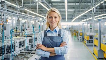 ai generado hembra instalación, caucásico rubio joven mujer ingeniero en moderno técnico planta, sonriente en cámara foto