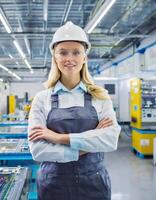 ai generado hembra instalación, caucásico rubio joven mujer ingeniero en moderno técnico planta, sonriente en cámara foto