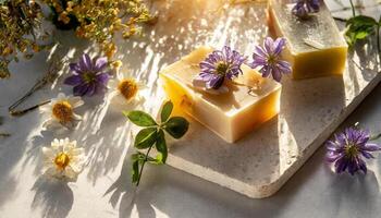 AI generated Herbal soap bars with flowers and oil photo