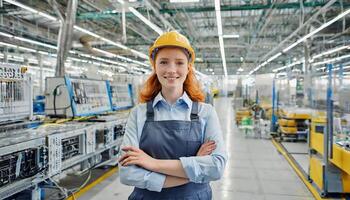 ai generado hembra instalación, caucásico cabello rojo joven mujer ingeniero en moderno técnico planta, sonriente mirando a cámara foto