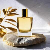 Mockup of galss transparent perfume bottle on stone plate and shadows photo