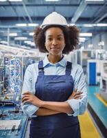 ai generado hembra instalación, afroamericano mujer ingeniero en moderno técnico planta, sonriente en cámara foto