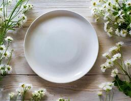 ai generado blanco cerámico plato Bosquejo, blanco modelo de plato en mesa foto