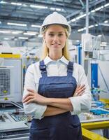 ai generado hembra instalación, caucásico rubio joven mujer ingeniero en moderno técnico planta, sonriente en cámara foto