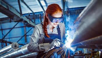 ai generado hembra soldador en su trabajando lugar, soldadura tubo con chispas foto