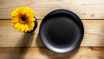 AI generated Black ceramic plate mockup, blanck clean dish on wooden table, mock up photo