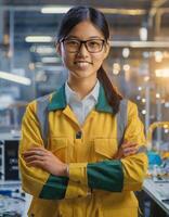 AI generated Female facility, asian woman engineer in modern technical plant, smiling on camera photo