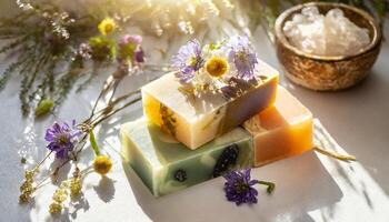 AI generated Herbal soap bars with flowers and oil photo