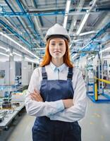 ai generado hembra instalación, caucásico cabello rojo joven mujer ingeniero en moderno técnico planta, sonriente mirando a cámara foto