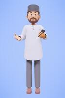 3d man muslim greeting, greeting, pointing and holding phone while smiling with blue background photo