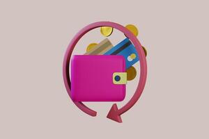 3D wallet concept. money bag, coins stack and banknotes. 3d render illustration photo