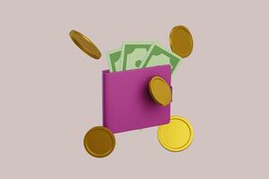 3D wallet concept. money bag, coins stack and banknotes. 3d render illustration photo