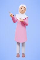3d rendering fullbody of woman muslim greeting, greeting, pointing and holding phone while smiling photo
