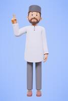 3d man muslim greeting, greeting, pointing and holding phone while smiling with blue background photo