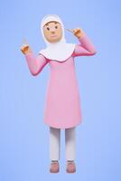 3d rendering fullbody of woman muslim greeting, greeting, pointing and holding phone while smiling photo