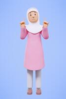 3d rendering fullbody of woman muslim greeting, greeting, pointing and holding phone while smiling photo