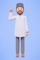 3d man muslim greeting, greeting, pointing and holding phone while smiling with blue background photo