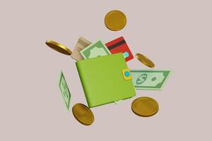 3D wallet concept. money bag, coins stack and banknotes. 3d render illustration photo