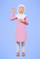 3d rendering fullbody of woman muslim greeting, greeting, pointing and holding phone while smiling photo