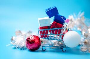 Festive spirit of Christmas, the online shopping cart brims with holiday delights, embodying a modern celebration where the supermarket comes to the shopper's doorstep. photo