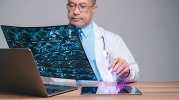 Doctor, AI concept. Professional doctor, holding and scrutinizing an X-ray film, works with AI in a hospital laboratory, ensuring precise examination and accurate diagnosis in field of medicine photo