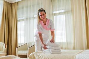 Beautiful hotel maid putting fresh and clean towels on bed in room. photo