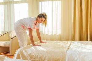 Beautiful hotel maid making bed in a room. photo