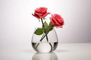 AI generated Roses in a glass vase on a wooden table. Minimalist house ornamental plants. photo