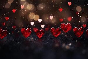 AI generated Valentines day abstract background with red hearts blurry lights in 3D rendering. photo