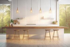 AI generated Interior of modern kitchen with white walls, wooden floor, white countertops and wooden bar with stools. photo