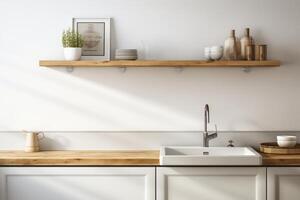 ai generado blanco cocina interior con un de madera estante, un lavabo y un espejo. foto