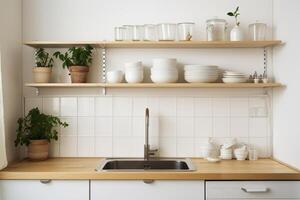 AI generated The atmosphere of a modern kitchen is reflected in the layout that combines a luxurious sink with shelves displaying well-maintained cooking utensils photo