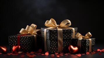 AI generated Gift boxes with golden bows and red hearts on a black background. photo