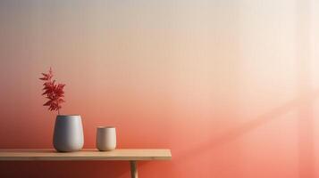 ai generado minimalista naranja blanco interior diseño en 3d representación con florero y mesa. foto