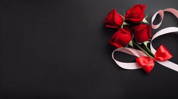 AI generated Red roses with ribbon on black background. Valentines day concept. photo