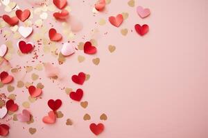 AI generated Hearts and confetti on pink background for Valentines day. photo