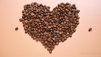 AI generated Coffee beans in the shape of a heart on a beige background. photo