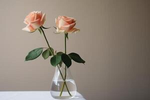 AI generated Minimalist view of pink petal roses in a vase on a white table with a wall background. photo