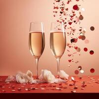 AI generated Two glasses of champagne with rose petals and confetti on red background photo