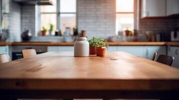 AI generated Empty wooden table and chair in modern kitchen interior, selective focus. photo