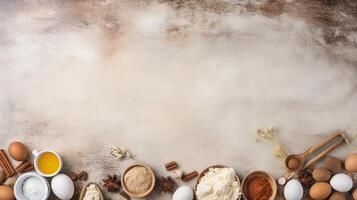 AI generated Top view of baking ingredients on wooden background with copy space for text. photo