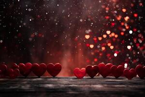 AI generated Valentines day abstract background with red hearts blurry lights in 3D rendering. photo