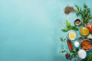 AI generated Herbs and spices on a blue background with copy space for text. photo